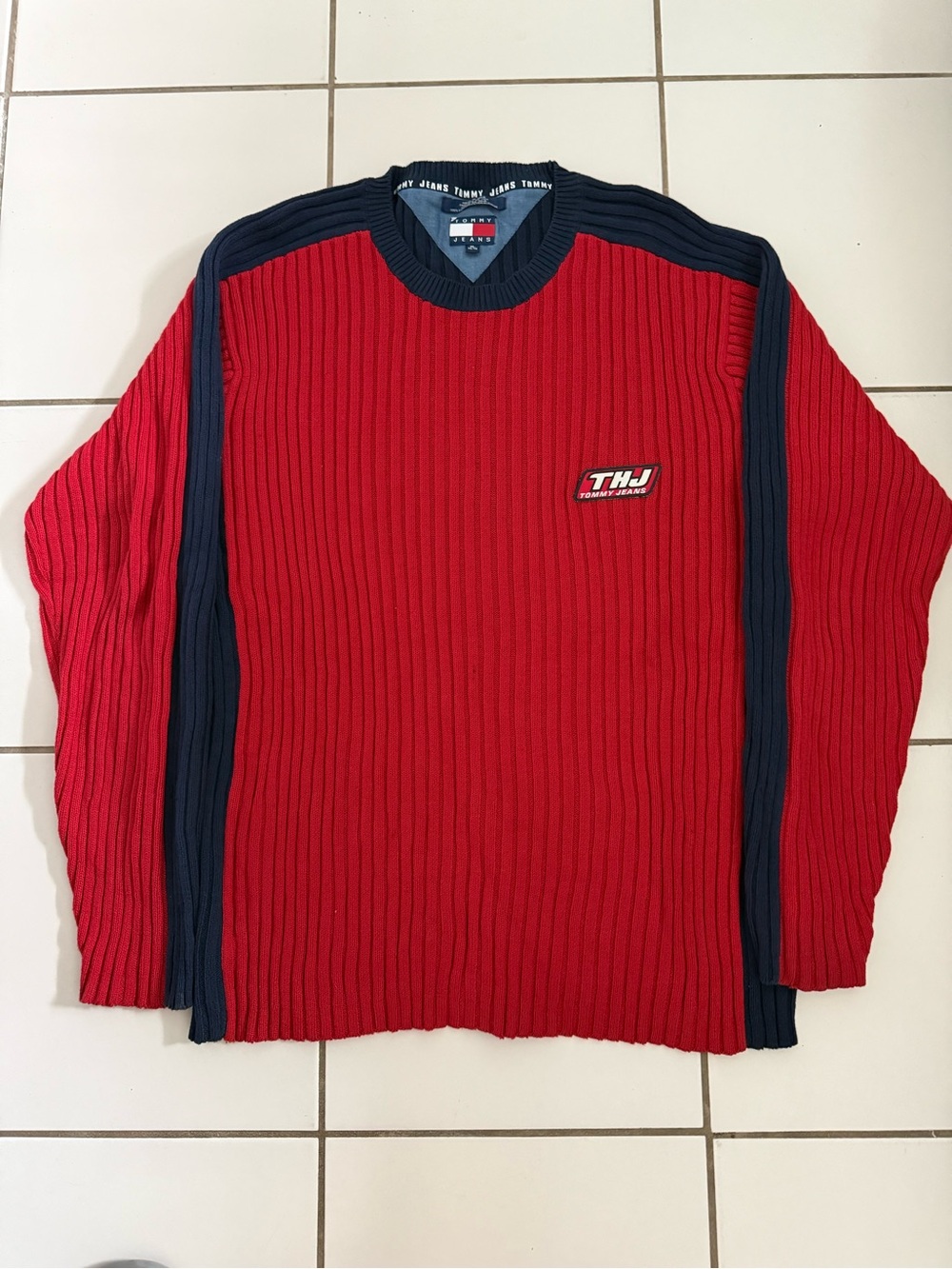 Tommy Hilfiger Red Crewneck Sweater with Navy Accents